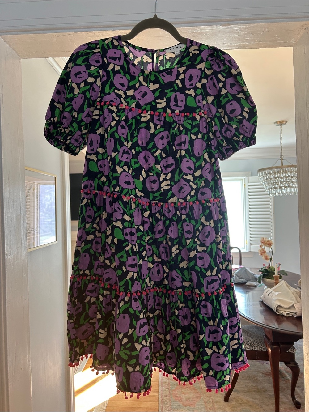 THML Purple Floral Tiered Dress with Pom Trim